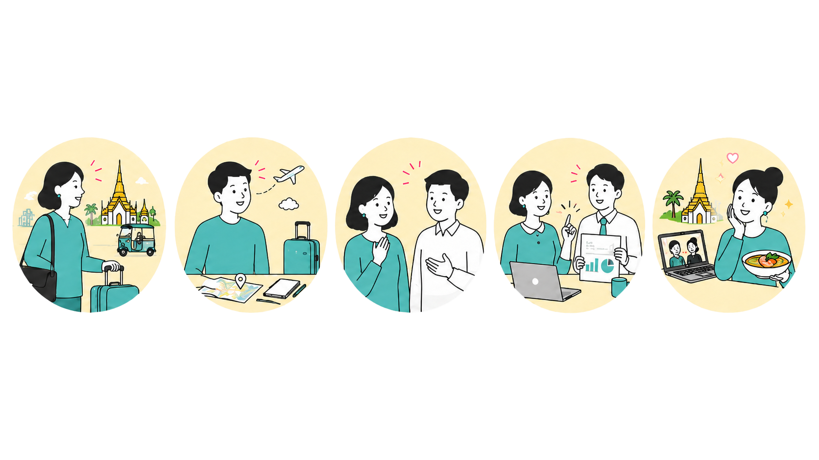 タイ生活、旅行、家族や友人、仕事、文化に関心のある方を表したイラスト
