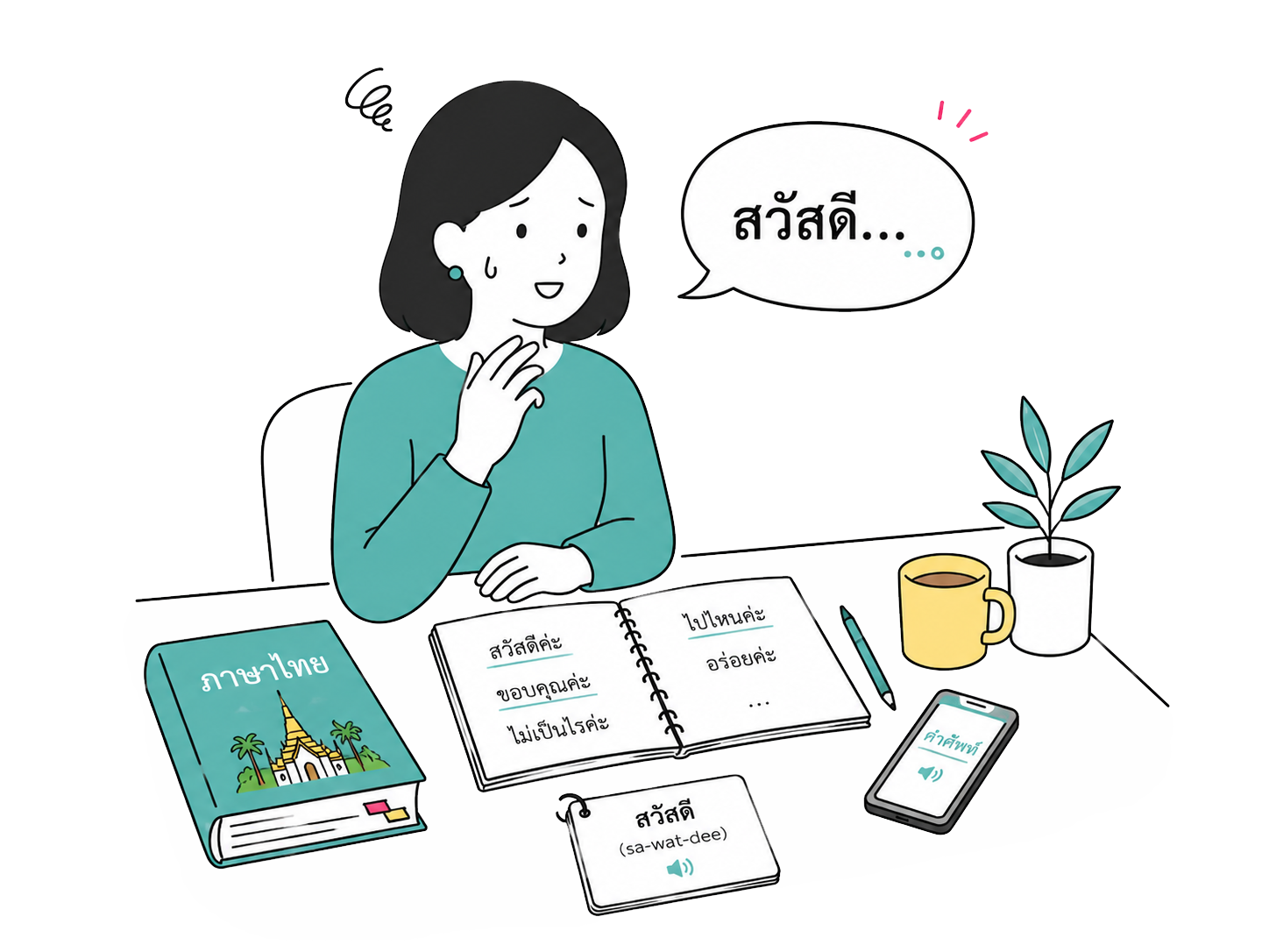タイ語を話そうとして言葉が止まってしまう人のイラスト